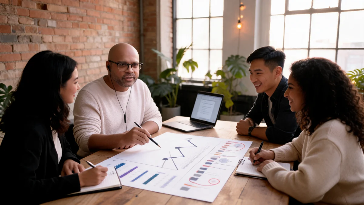 Sheldon Rodrigues leading a roadmap assessment with three founders in a brick loft