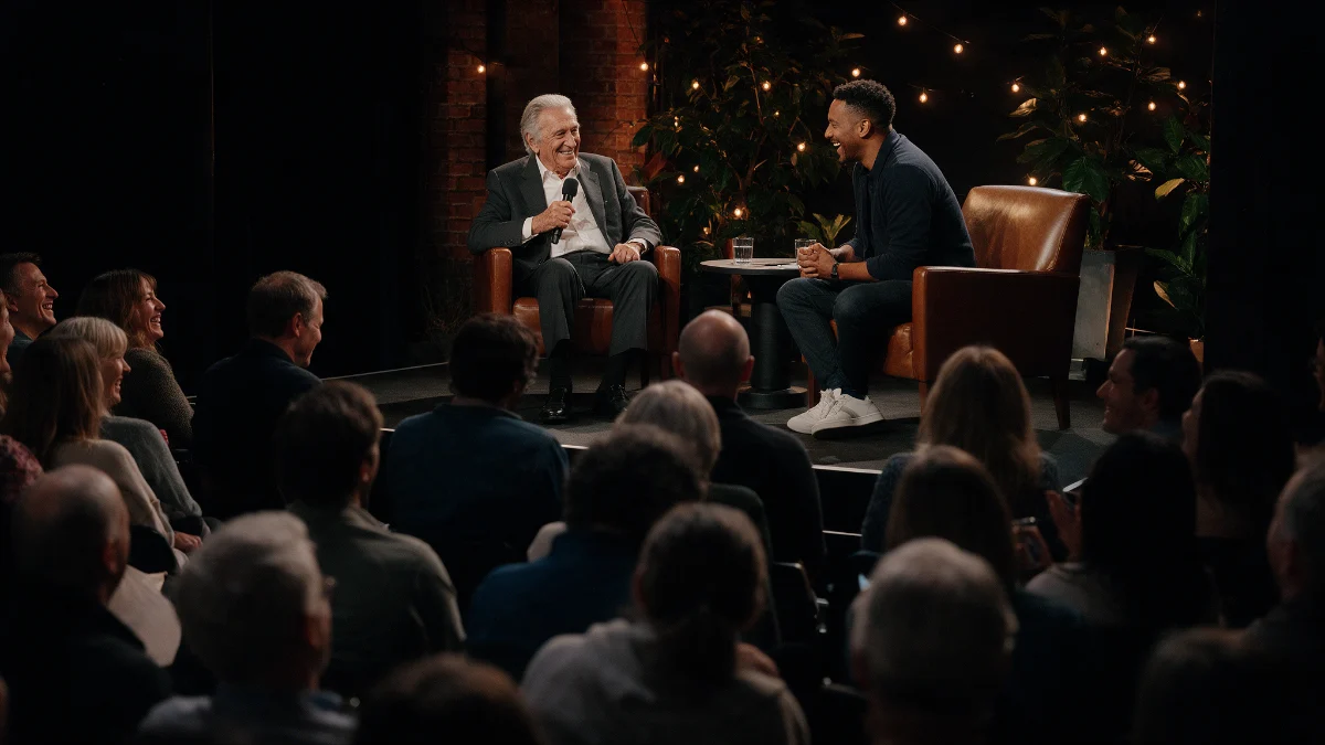 A speaker in a fireside chat armchair addressing a seated audience